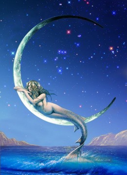  Bild Kunst - Meerjungfrau in Silber Mond Originale Körperbilder